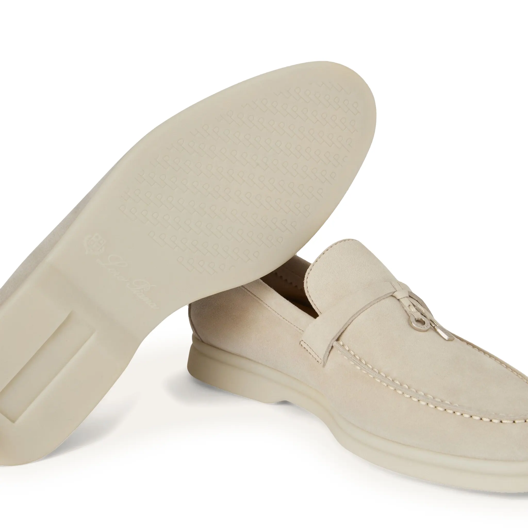 Sole view of Loro Piana Summer Charms Walk Suede Goatskin Powder Pearl Loafers FAE5444_A760